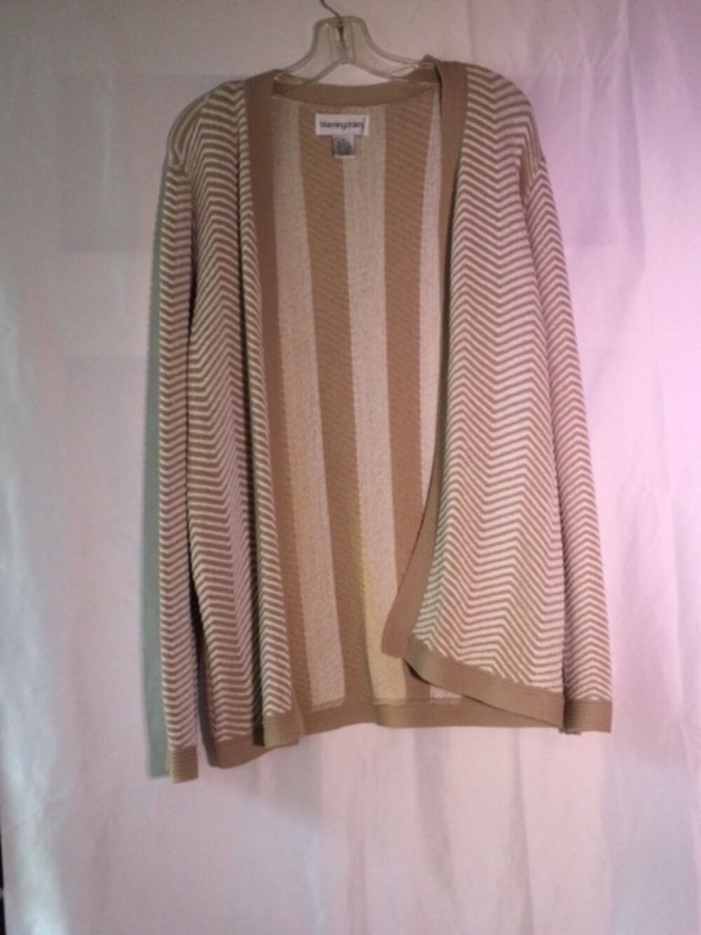 Bloomingdale's Camel Ivory Chevron Open Front Cardigan Sweater M Rayon Blend